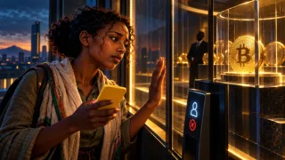 Utilisatrice éthiopienne observant un téléphone jaune et une pièce Bitcoin derrière une vitre