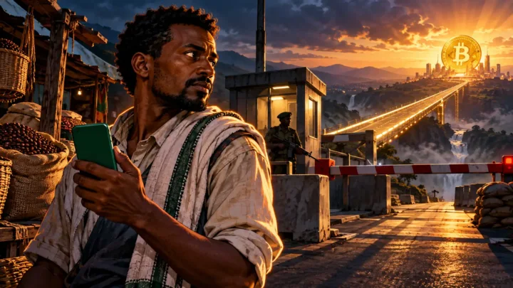 Mfanyabiashara wa Ethiopia akiwa ameshika simu ya kijani karibu na daraja linaloelekea kwenye sarafu ya Bitcoin iliyo mbali