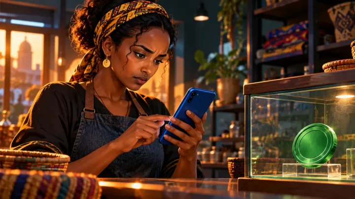 Commerçante éthiopienne vérifiant un téléphone bleu devant un jeton vert sous verre