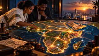 Professionnels africains examinant des corridors lumineux sur une carte du continent