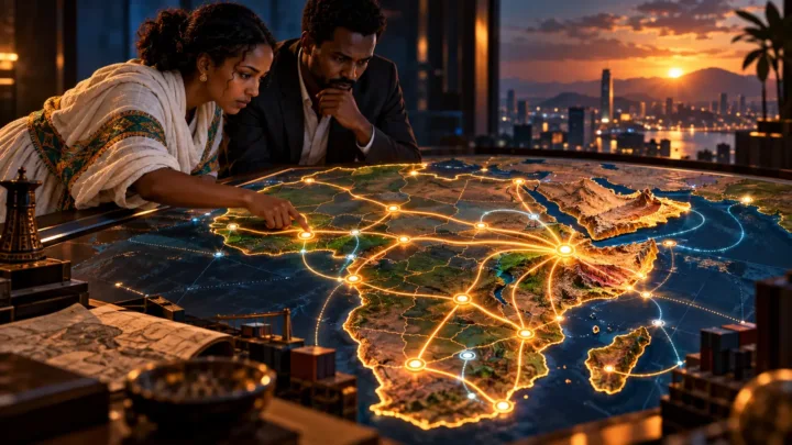 Professionnels africains examinant des corridors lumineux sur une carte du continent