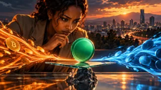 Analyste éthiopienne observant un jeton vert entre des flux lumineux devant Addis-Abeba