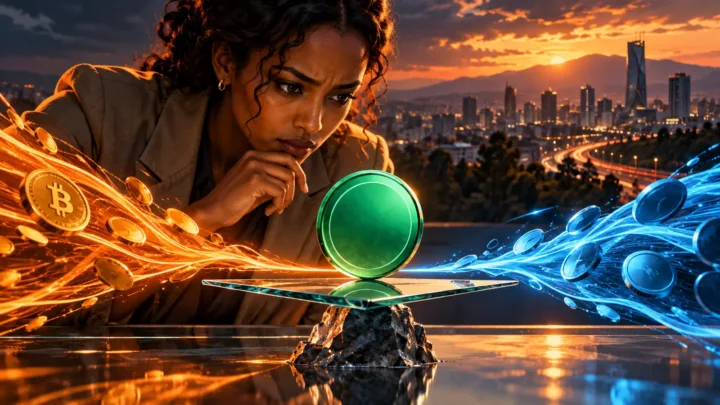 Ethiopian analyst observing a green token amid light trails in front of Addis Ababa
