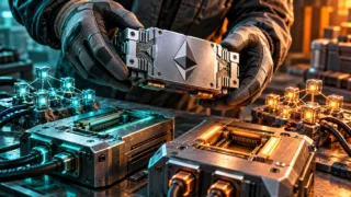Hands hold a reusable Ethereum module above two separate machines and networks.