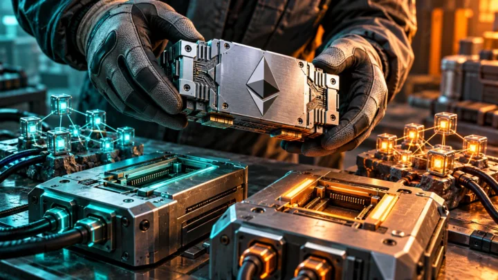 Hands hold a reusable Ethereum module above two separate machines and networks.
