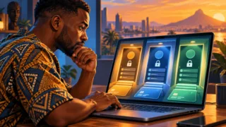 Utilisateur africain comparant plusieurs interfaces stylisées de plateformes crypto