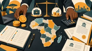 Carte stylisée de l’Afrique avec documents fiscaux et symboles de cryptoactifs