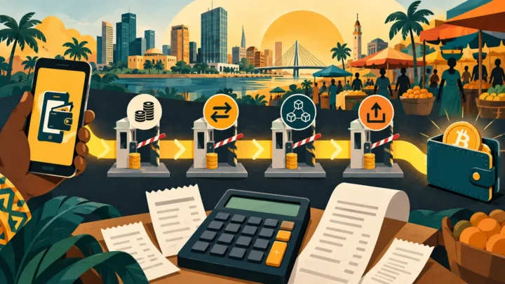 Calculatrice stylisée comparant les frais crypto et Mobile Money en Afrique