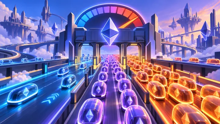 Jauge stylisée mesurant le coût du gas autour du symbole Ethereum