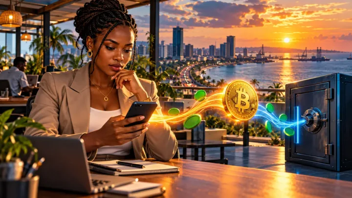 Entrepreneuse gabonaise examinant un téléphone et une pièce Bitcoin devant le littoral de Libreville