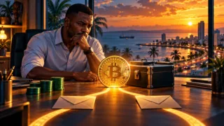 Analyste gabonais observant une pièce Bitcoin et un coffret de sauvegarde près du front de mer