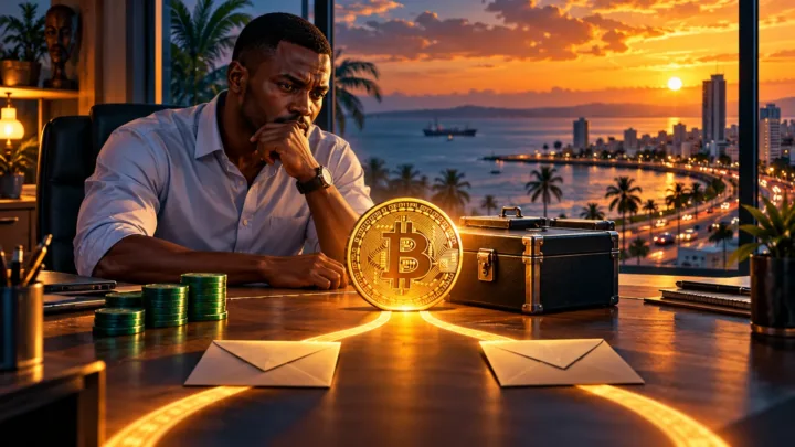 Analyste gabonais observant une pièce Bitcoin et un coffret de sauvegarde près du front de mer