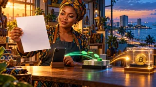 Commerçante gabonaise comparant un devis et une livraison Bitcoin dans un atelier