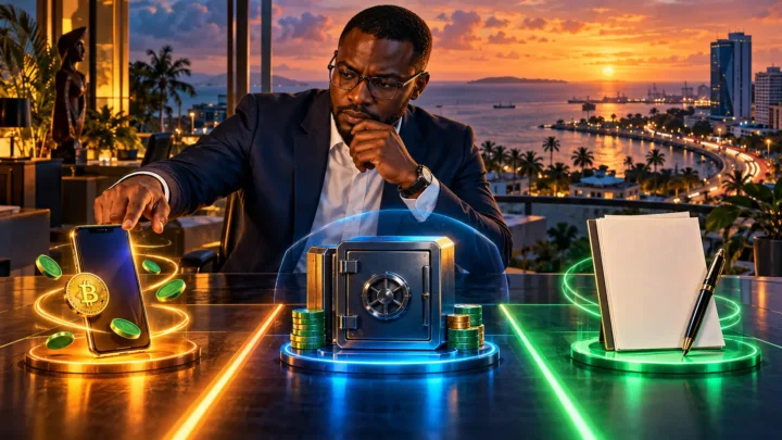 Responsable gabonais comparant des dossiers et trois compartiments numériques distincts