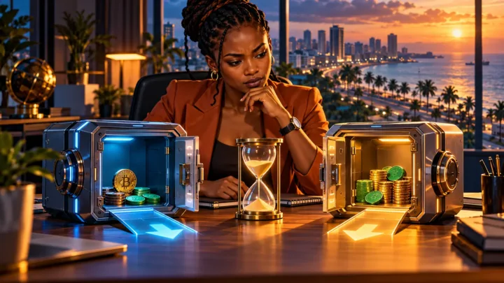 Empreendedora gabonesa comparando dois cofres digitais e uma ampulheta em um escritório