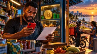 Commerçant gabonais vérifiant un téléphone rouge et une pièce Bitcoin séparée par une vitre
