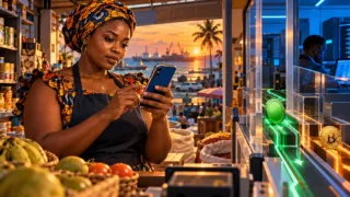 Commerçante gabonaise examinant un téléphone bleu et orange près d’un jeton vert dans sa boutique