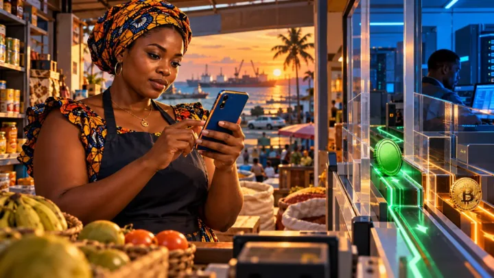 Commerçante gabonaise examinant un téléphone bleu et orange près d’un jeton vert dans sa boutique