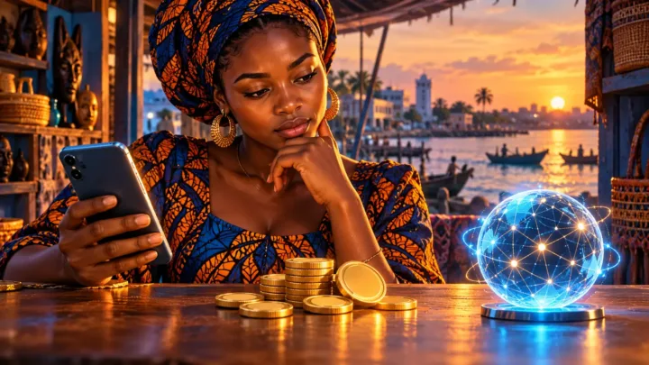 Une commerçante gambienne compare un téléphone, des unités monétaires neutres et un objet numérique lumineux.