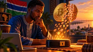Un technicien gambien observe une pièce Bitcoin conceptuelle se divisant en petites unités lumineuses.