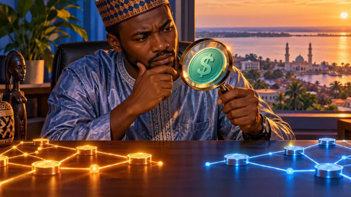 Un entrepreneur examine un jeton dollar conceptuel et deux réseaux lumineux distincts sur son bureau.