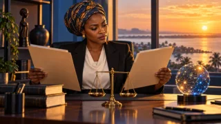 Une juriste gambienne compare des dossiers datés près d’une balance et d’une sphère numérique abstraite.