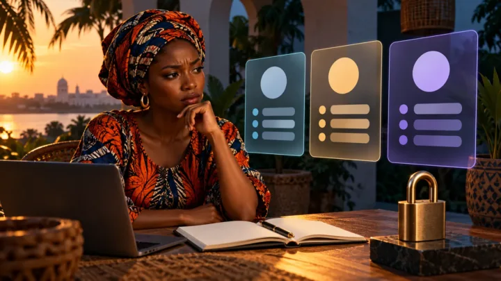 Une entrepreneuse gambienne compare trois services représentés par des interfaces abstraites sans marque.