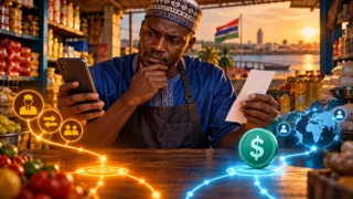 Un commerçant gambien vérifie son téléphone et un reçu neutre devant un jeton dollar et des chemins distincts.