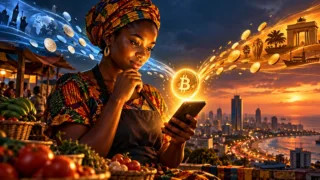 Commerçante ghanéenne examinant un jeton Bitcoin lumineux au-dessus de son téléphone à Accra