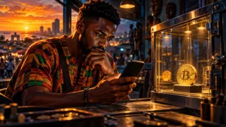 Acheteur ghanéen vérifiant un téléphone et une pièce Bitcoin derrière une porte sécurisée