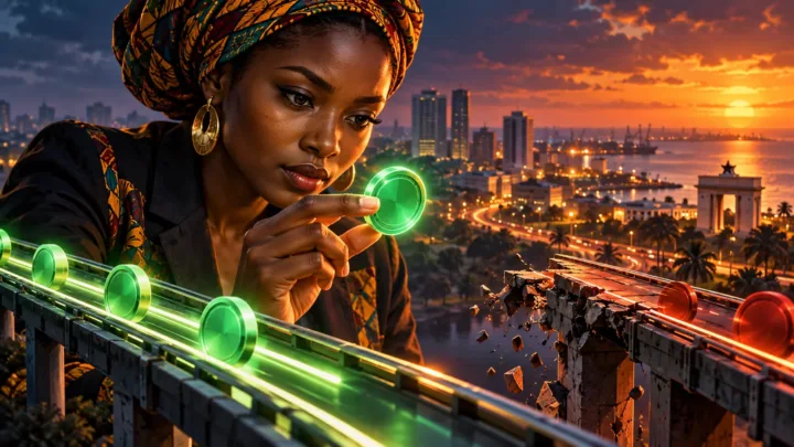Ghanaian female entrepreneur observing a green token between two digital transfer rails