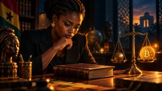 Juriste ghanéenne examinant un livre et une balance portant un jeton numérique