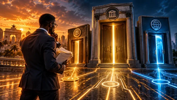 Ghanaian analyst reviewing files in front of three illuminated institutional doors