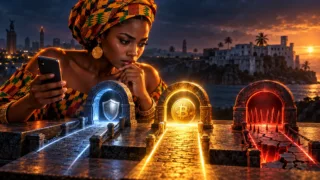 Femme ghanéenne comparant trois passages numériques sur un comptoir