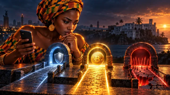 Femme ghanéenne comparant trois passages numériques sur un comptoir