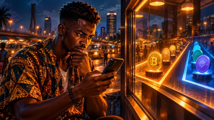 Utilisateur ghanéen vérifiant son téléphone et une commande de token derrière une vitre