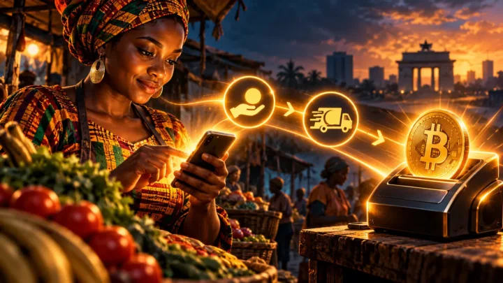 Commerçante ghanéenne examinant deux étapes séparées entre paiement mobile et Bitcoin