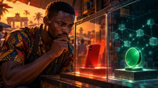 Commerçant ghanéen observant un téléphone rouge et un token protégé derrière une vitre