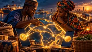 Commerçants africains comparant trois corridors de paiement sur une carte abstraite