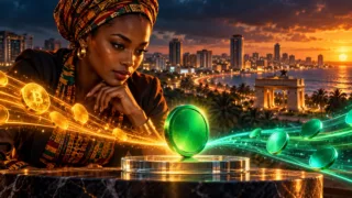Entrepreneuse ghanéenne observant un token vert en équilibre sur une plateforme de verre