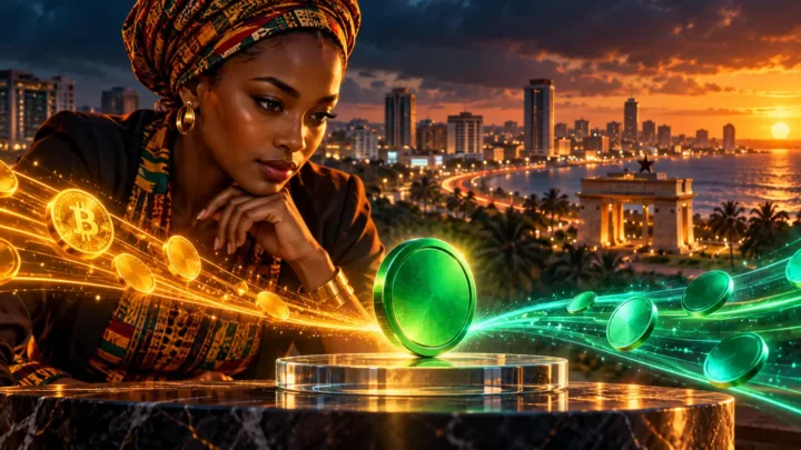 Mjasiriamali wa Ghana akiangalia tokeni ya kijani iliyosawazishwa kwenye jukwaa la kioo