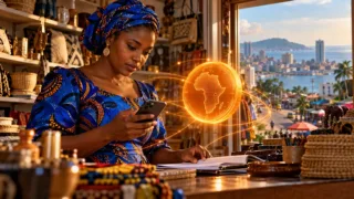 Une entrepreneuse observe son téléphone et un jeton numérique conceptuel dans un commerce de Conakry.