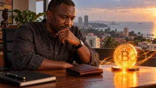 Un homme examine un symbole Bitcoin lumineux près d’un carnet et d’un portefeuille dans un bureau côtier.