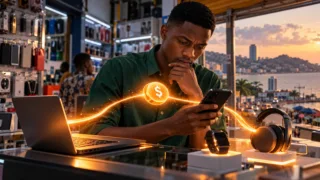 Un jeune commerçant examine deux chemins numériques autour d’un symbole dollar près de son téléphone.