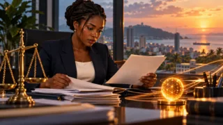Une juriste examine un dossier près d’une balance et d’un jeton abstrait dans un bureau de Conakry.