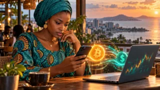 A young woman looks at a phone beside a computer displaying unbranded conceptual crypto symbols.
