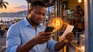 Un client examine un reçu et son téléphone à un comptoir près d’un symbole Bitcoin lumineux conceptuel.