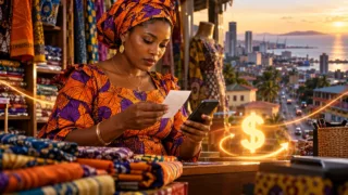 A shopkeeper compares a receipt with a phone beside a glowing dollar symbol in her store.