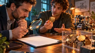 Un investisseur examine un contrat tandis qu'un entrepreneur présente un token et un prototype.