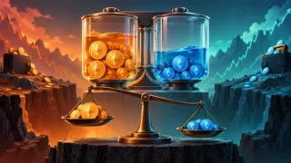 Balance stylisée comparant un pool DeFi et la conservation de deux cryptoactifs